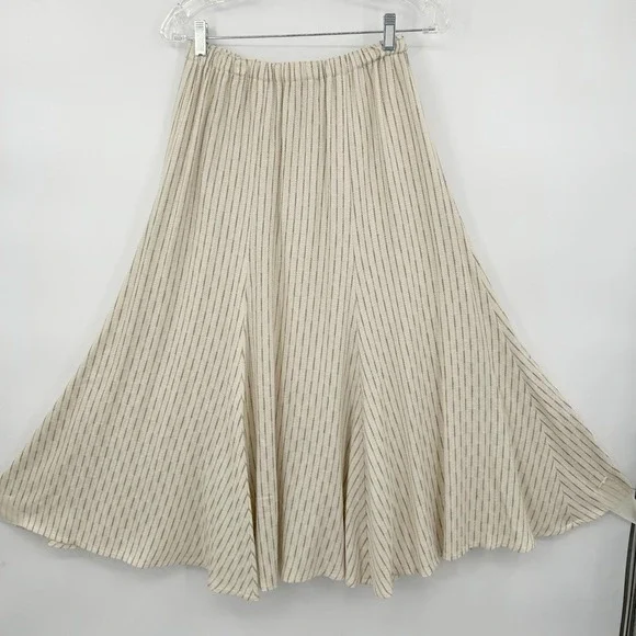 Vintage 80s Cotton Blend Midi Skirt Set M Cream Stripe Draped Collar Top Coastal - Picture 6 of 12